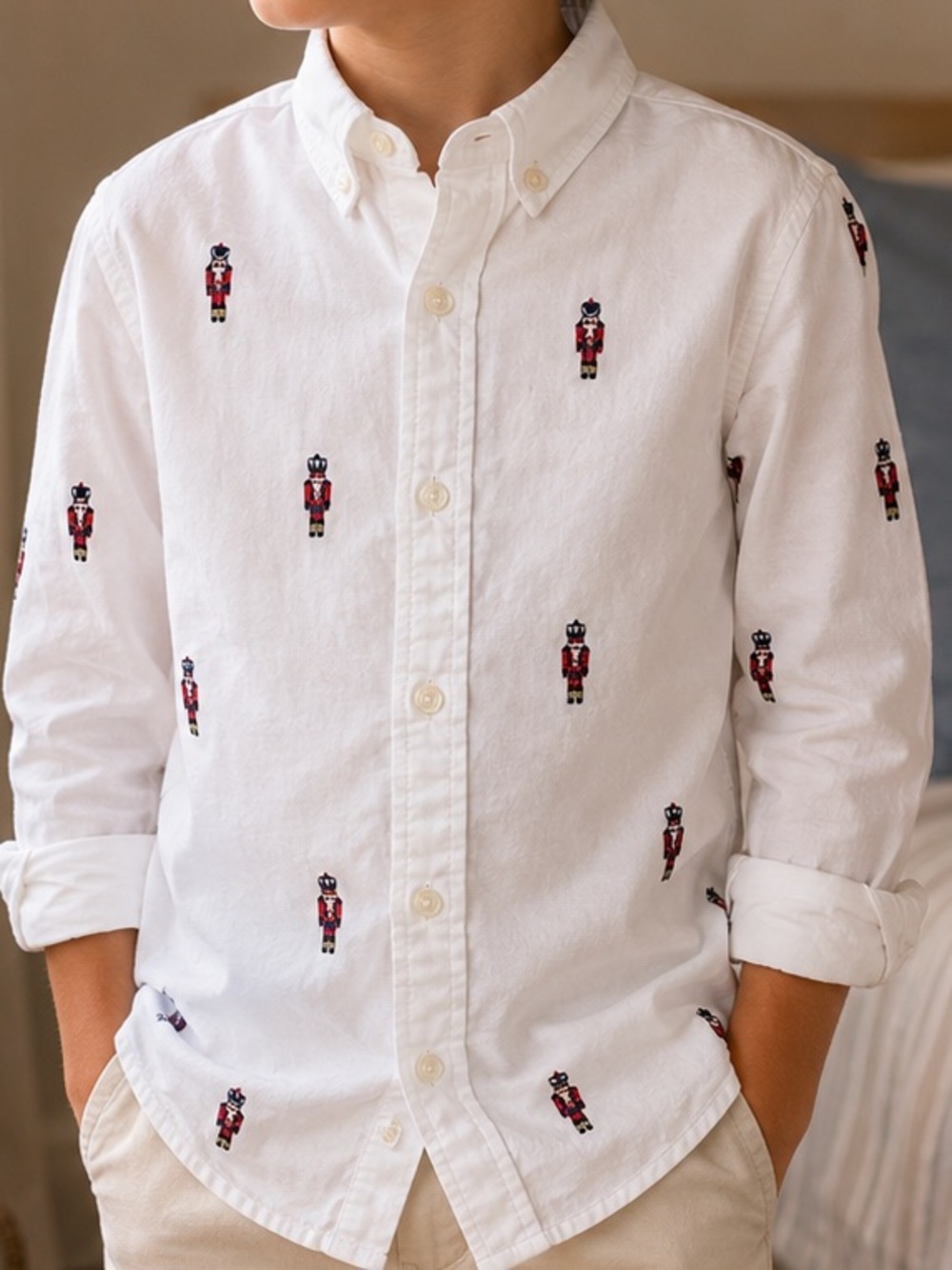Janie and Jack White Button-Down Shirt with Red Nutcracker Embroidery size 7